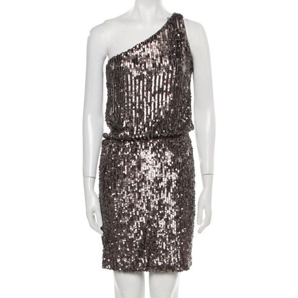 New Halston Heritage Sheath 1 Shoulder Sequin Gunmetal Cocktail Mini Dress Small - Picture 4 of 13